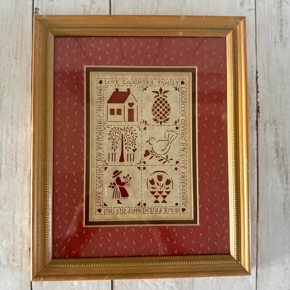 Vintage Figi Graphics Folk Art Framed Wall Decor Red Love Laughter Family Friend
